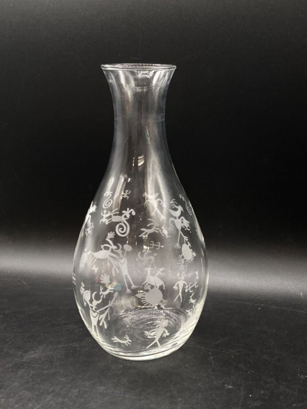 Etched Petroglyph Cave Drawings Clear 9” Tall Wine Carafe